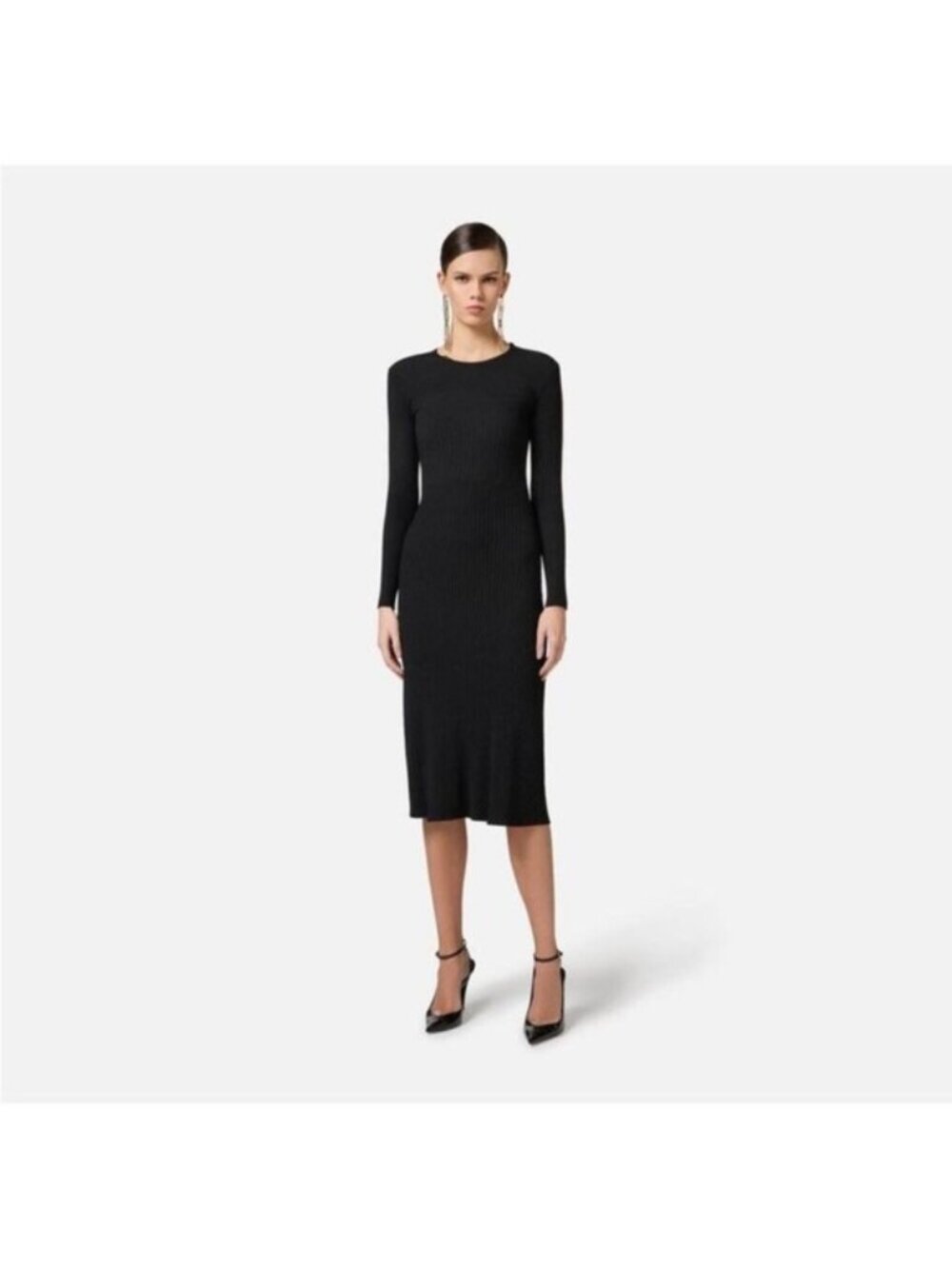 Black Long-Sleeve Ribbed Midi Dress - Women
